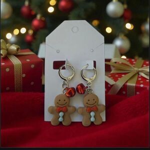 Gingerbread Man Earrings with Red Bow